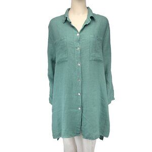 PURE LINEN 100% Button Up Down Turquoise Green Shirt Dress s O/S One Size Medium